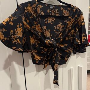 Black Floral Tie-Front Top